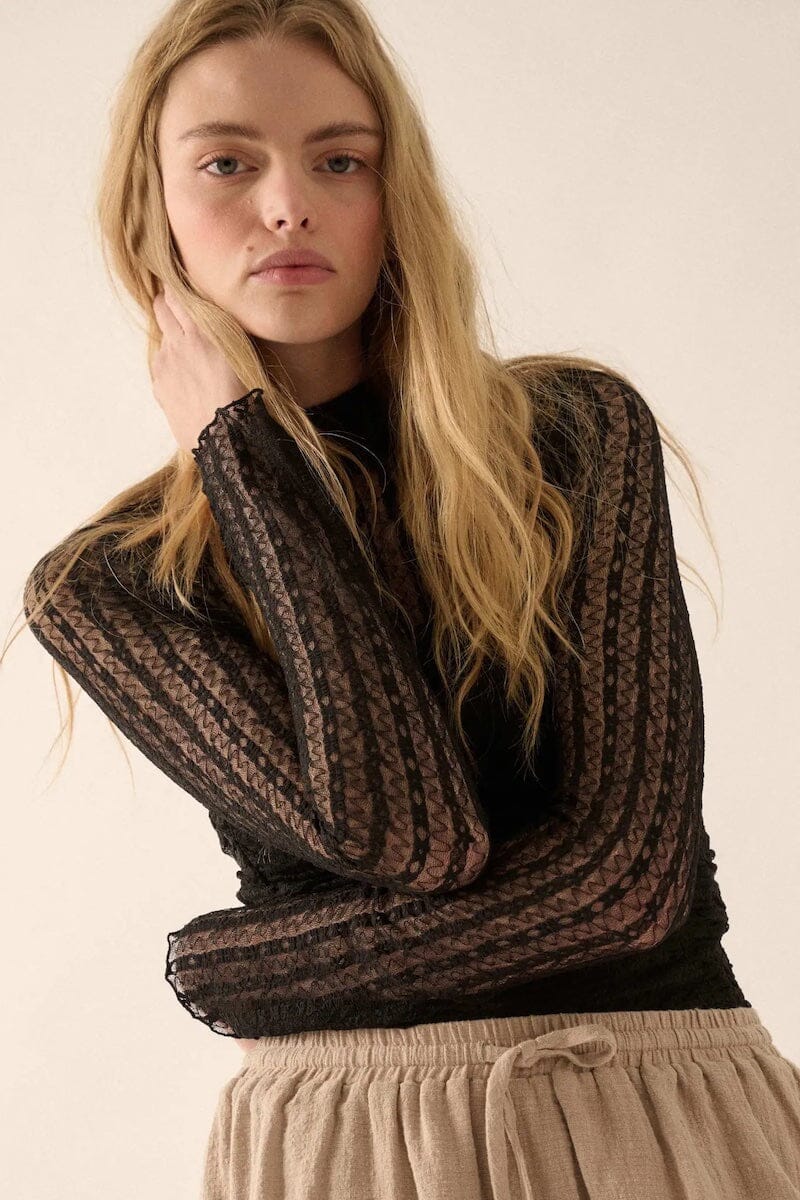 Alenya Striped Lace Mock-Neck Bodysuit Clothing Promesa
