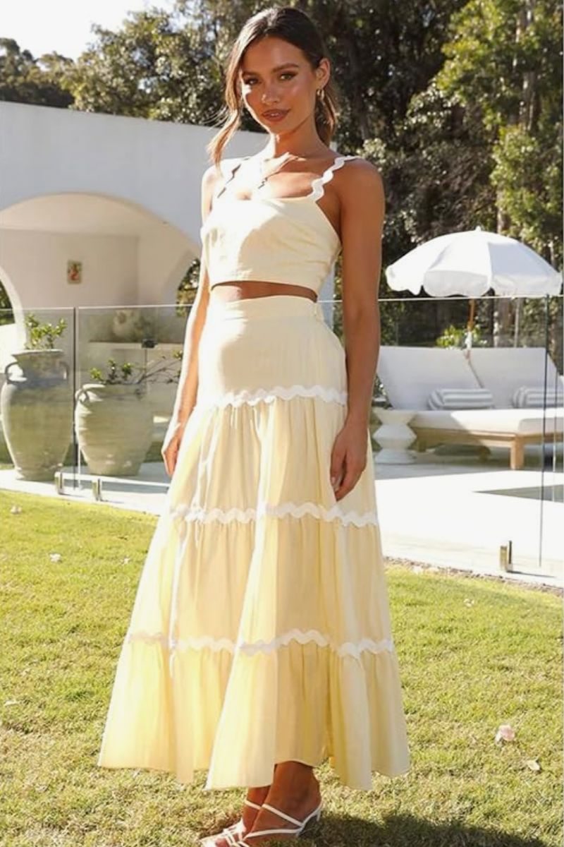 Arvilla Ric-Rac Strap Camisole Swing Tiered Maxi Skirt Set Clothing mimosa