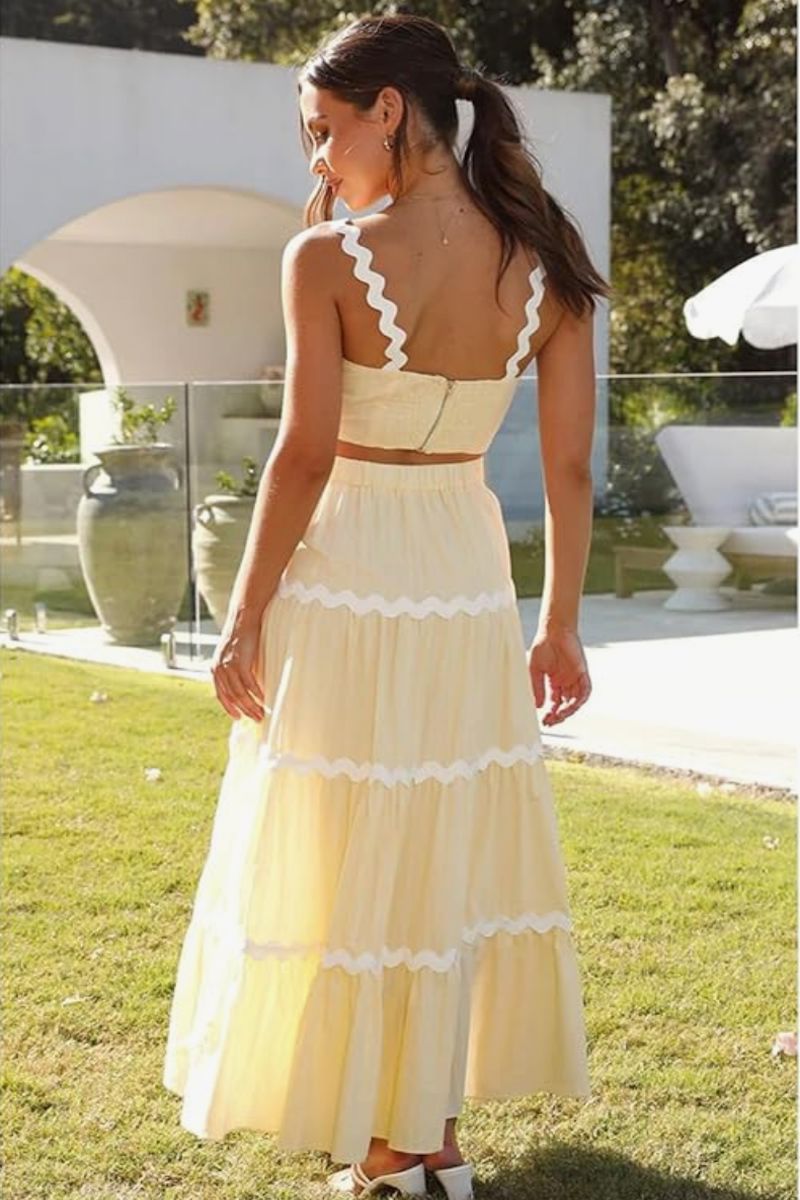 Arvilla Ric-Rac Strap Camisole Swing Tiered Maxi Skirt Set Clothing mimosa