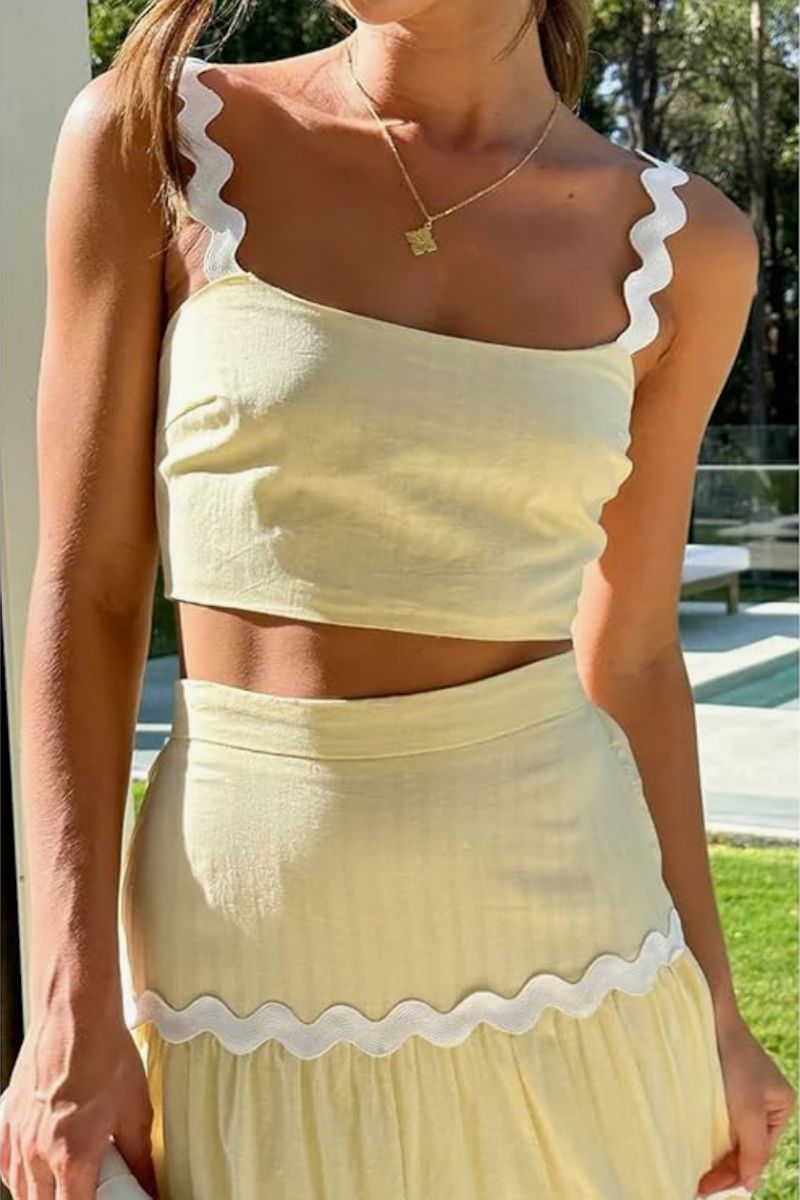 Arvilla Ric-Rac Strap Camisole Swing Tiered Maxi Skirt Set Clothing mimosa