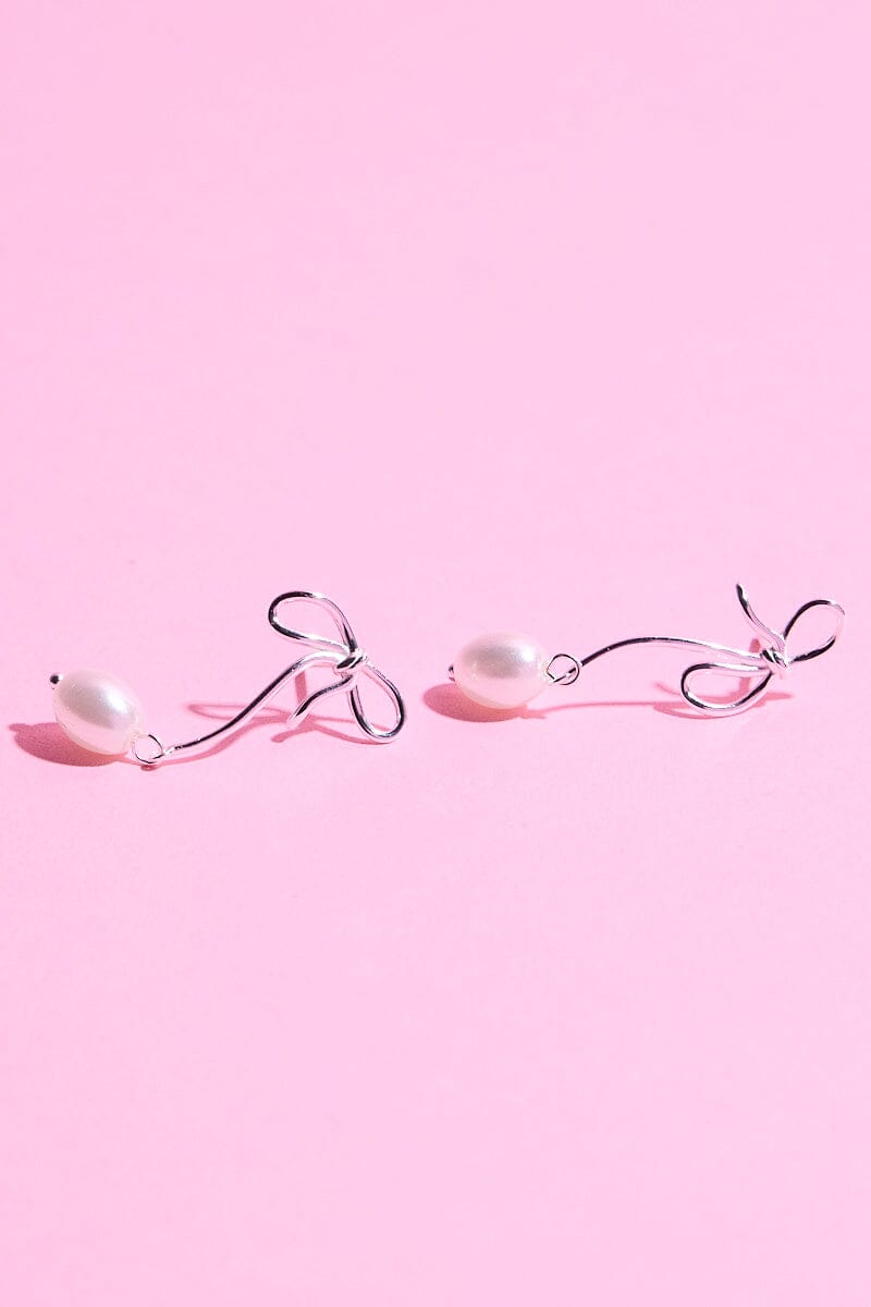 Bow & Pearl Delight Sterling Silver Charm Dangle Earrings Earrings mure + grand