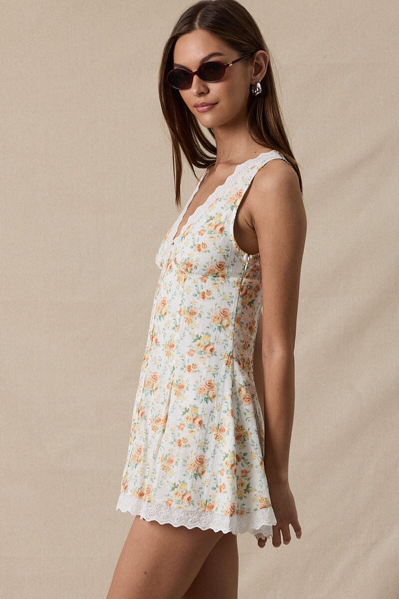 Canne Floral V-Neck Scallop Lace Mini Dress Clothing Sky to Moon