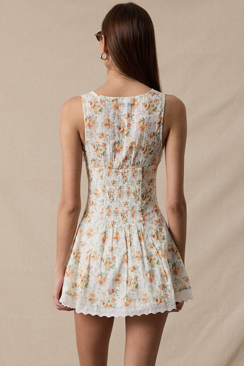 Canne Floral V-Neck Scallop Lace Mini Dress Clothing Sky to Moon