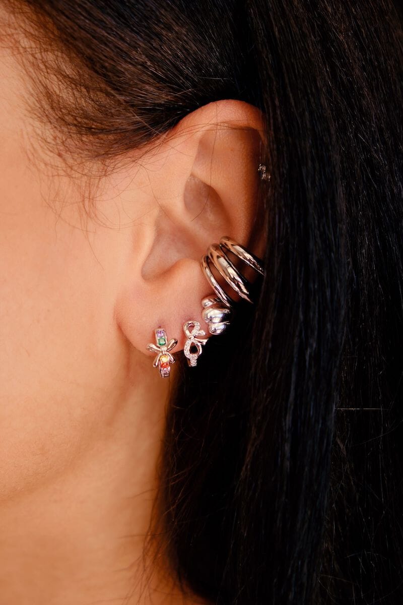 Colorful Crystal With Bow Sterling Silver Huggies Earrings mure + grand