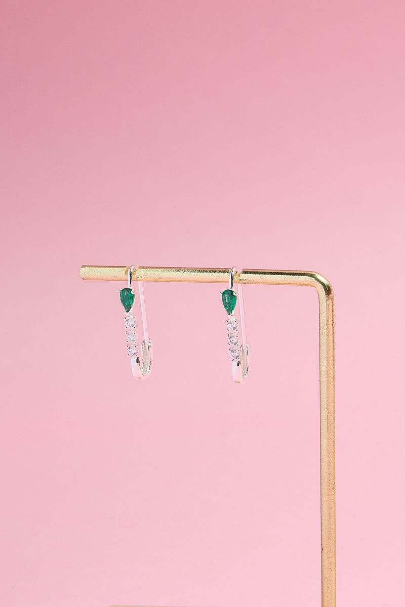 Emerald Safety Pin Sterling Silver Charm Dangle Earrings Earrings mure + grand Silver