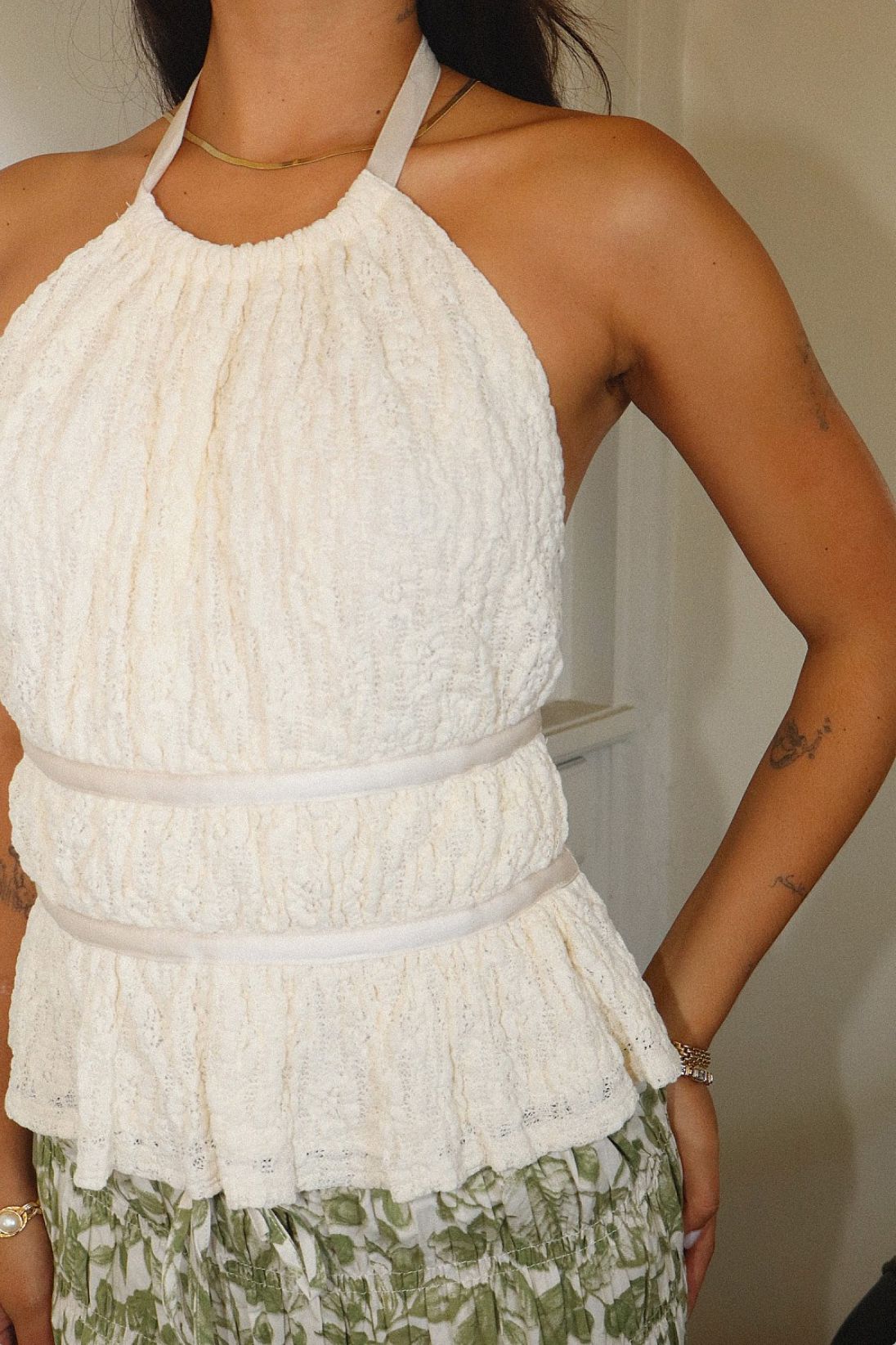 Estella Lace Textured Halter Peplum Top Clothing Sky to Moon
