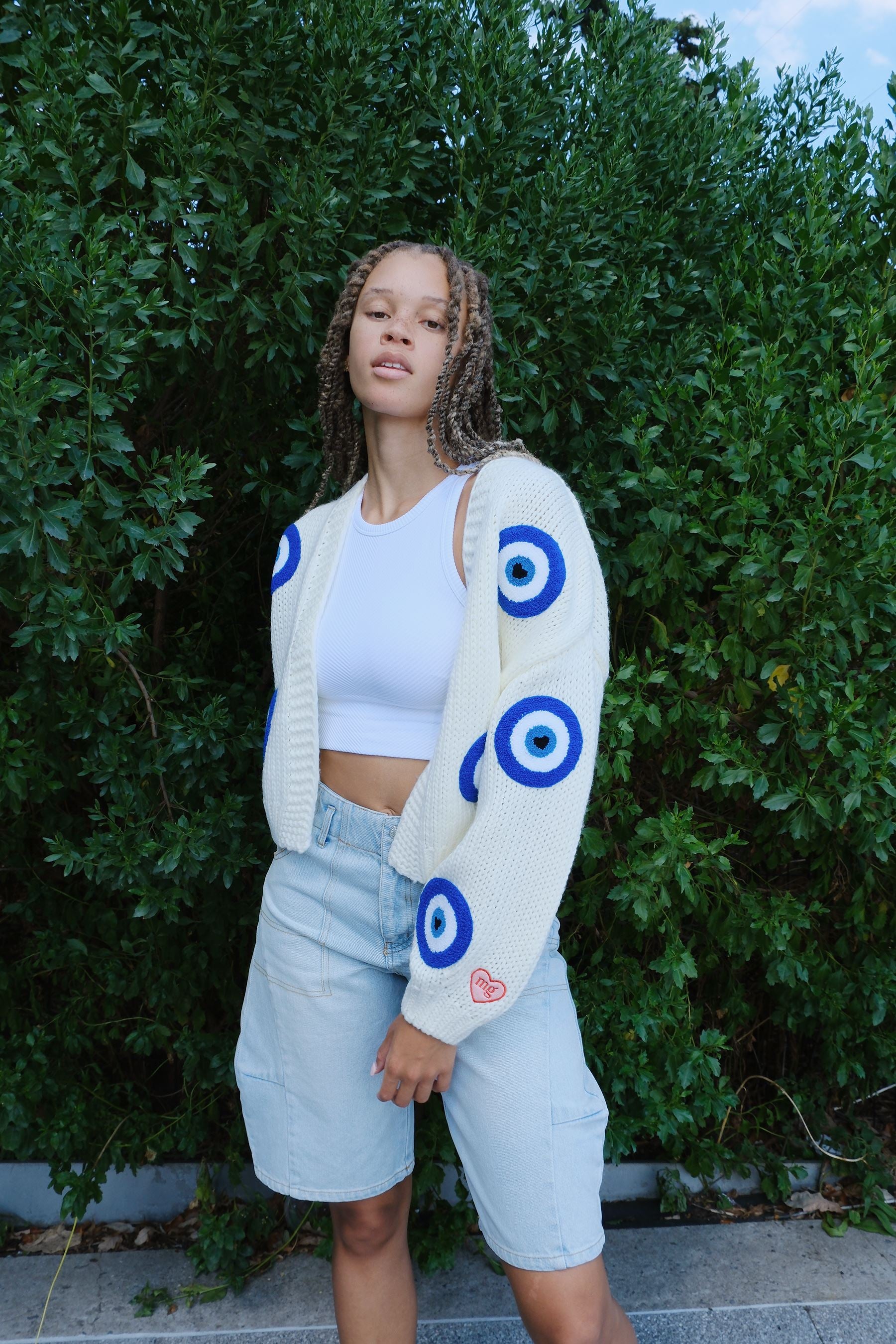 Evil Eye Puff Cardigan Sweater mure + grand