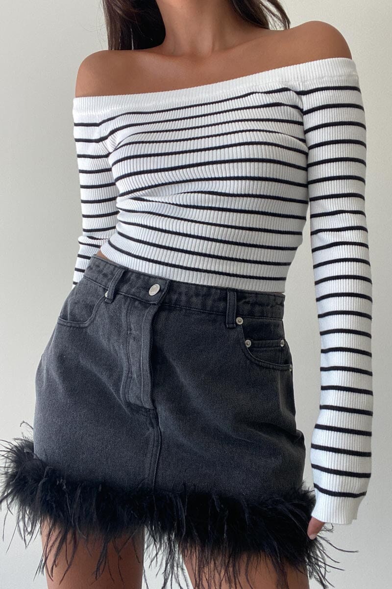 Feather Trim Denim Mini Skirt Clothing Et Clet