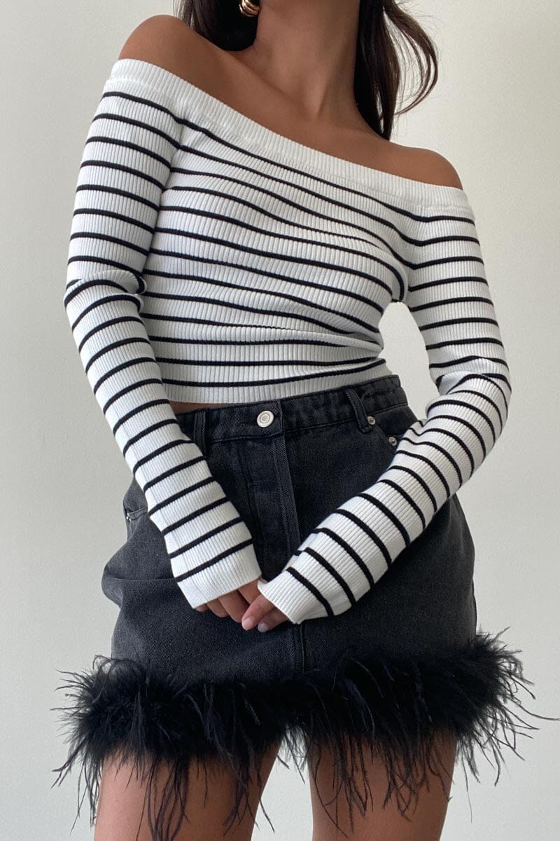 Feather Trim Denim Mini Skirt Clothing Et Clet
