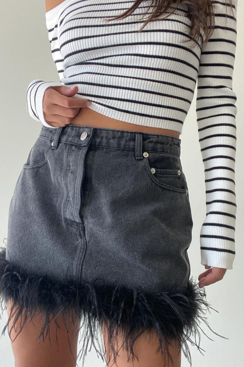 Feather Trim Denim Mini Skirt Clothing Et Clet
