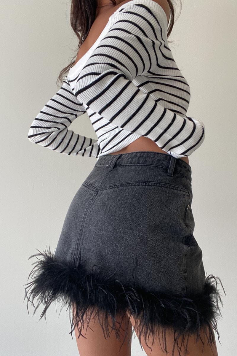 Feather Trim Denim Mini Skirt Clothing Et Clet