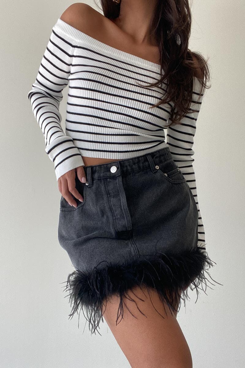 Feather Trim Denim Mini Skirt Clothing Et Clet