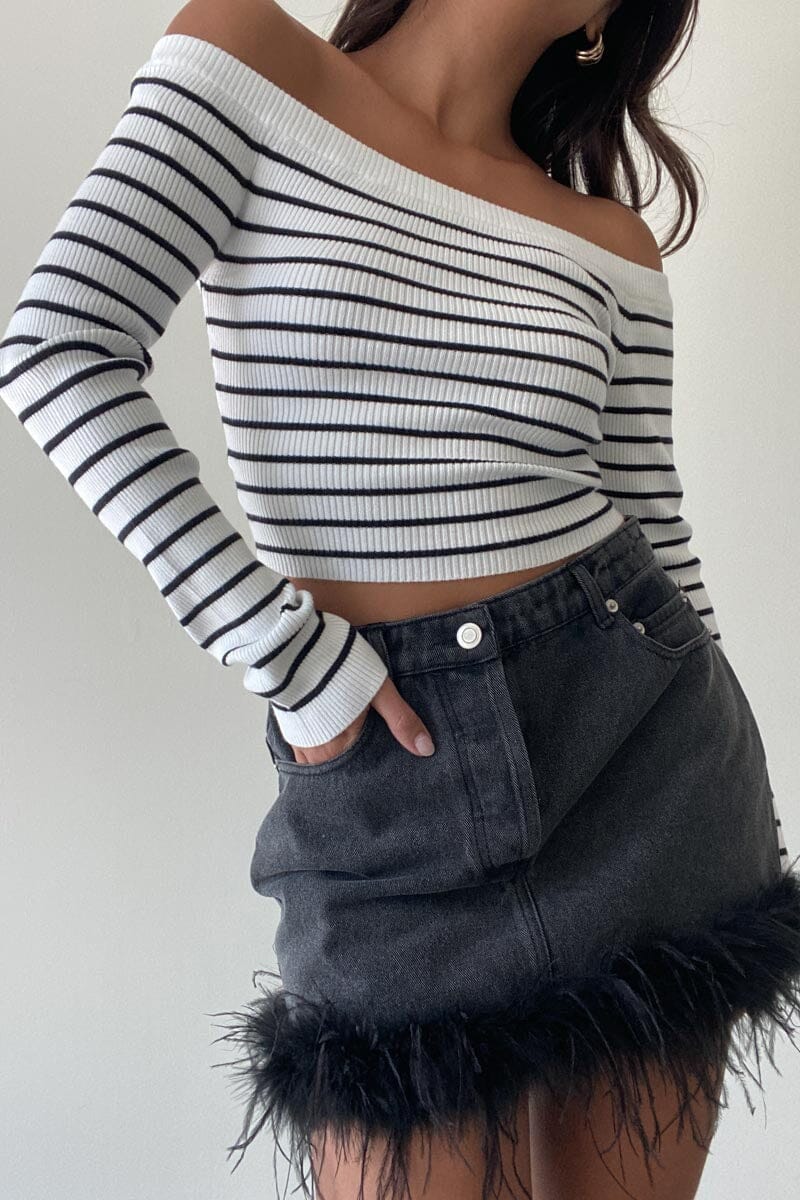 Feather Trim Denim Mini Skirt Clothing Et Clet