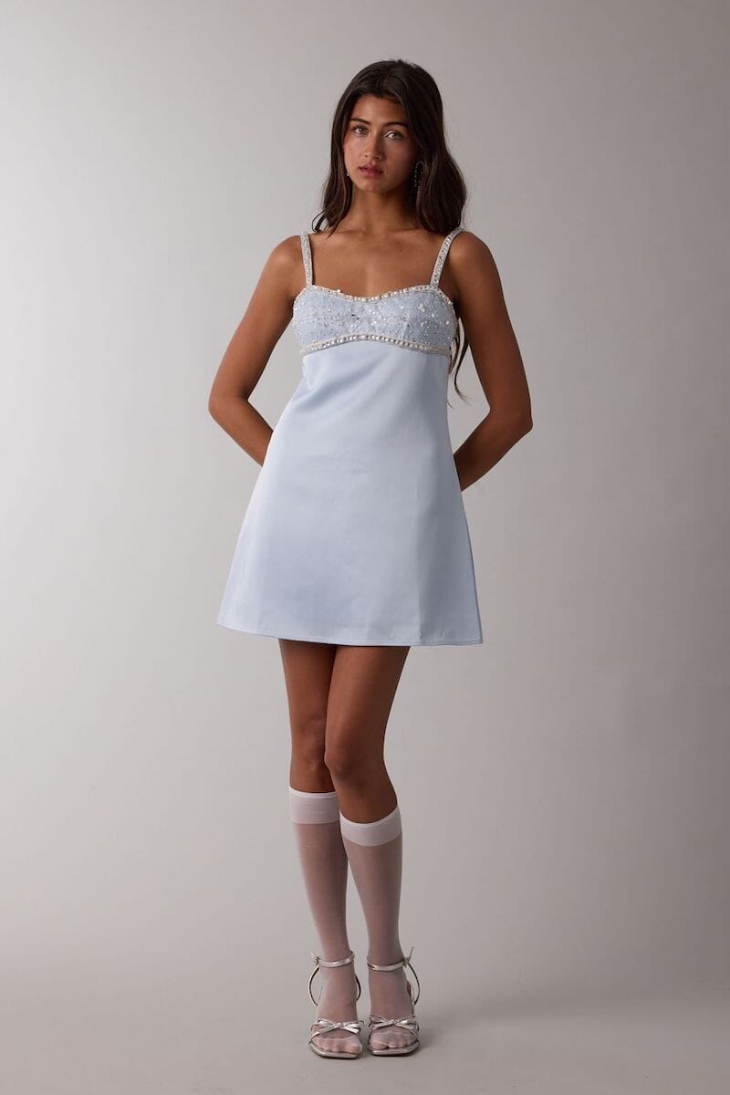 Frances Jeweled Bust Plain Zipper Mini Dress Clothing Sky to Moon