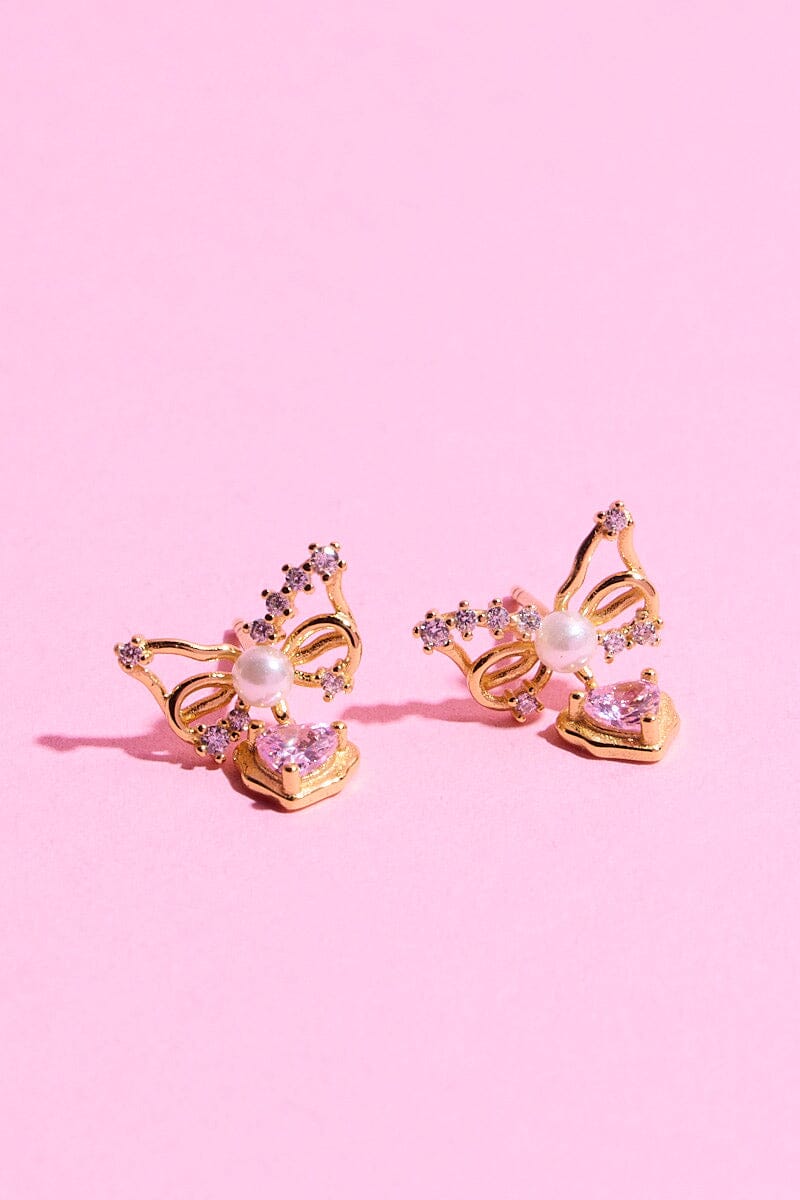 Heartfelt Bow-Tie Sterling Silver Charm Dangle Earrings Earrings mure + grand Gold-Pink