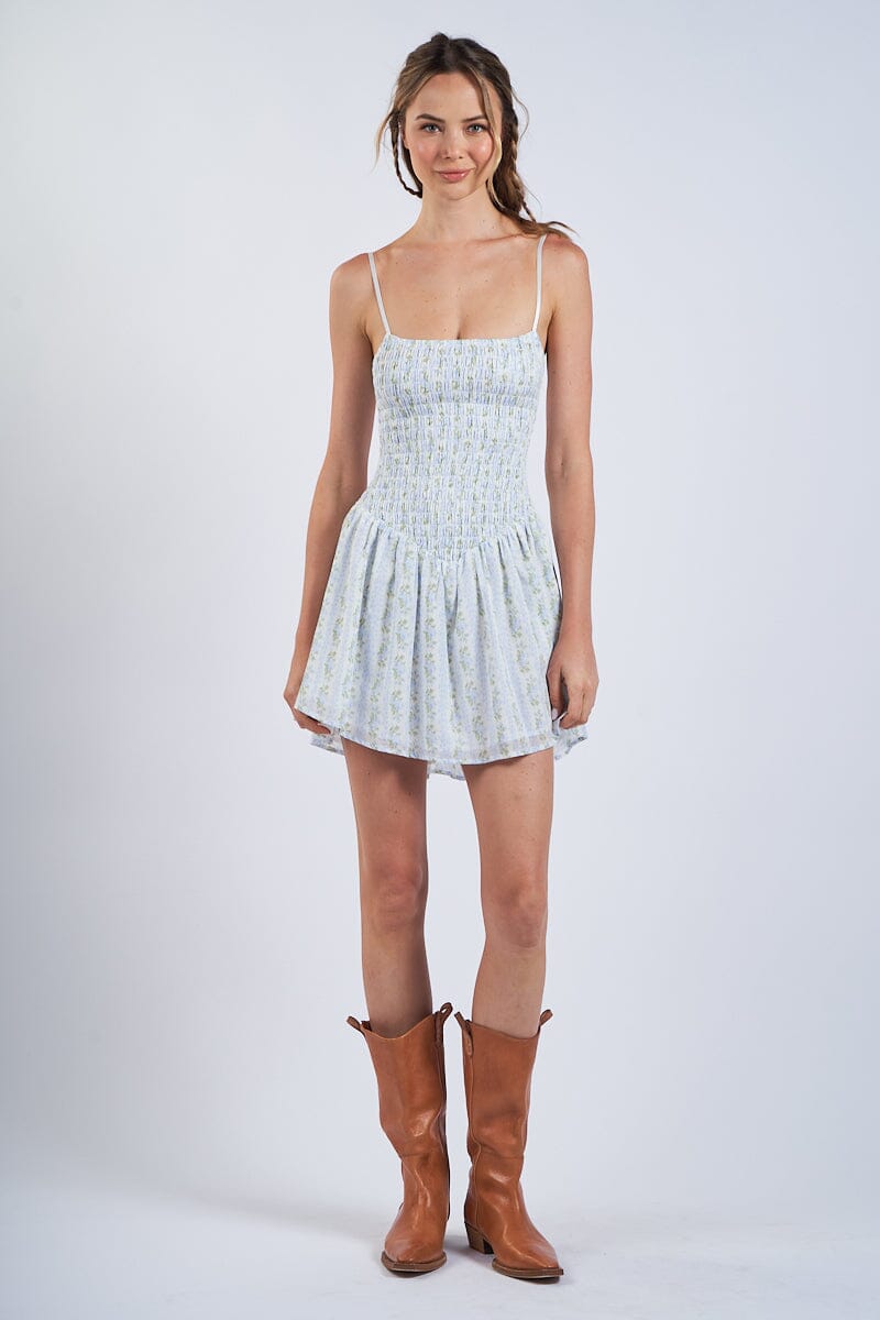 Hermona Rose Stripe Smocked Body Mini Dress Clothing Sky to Moon