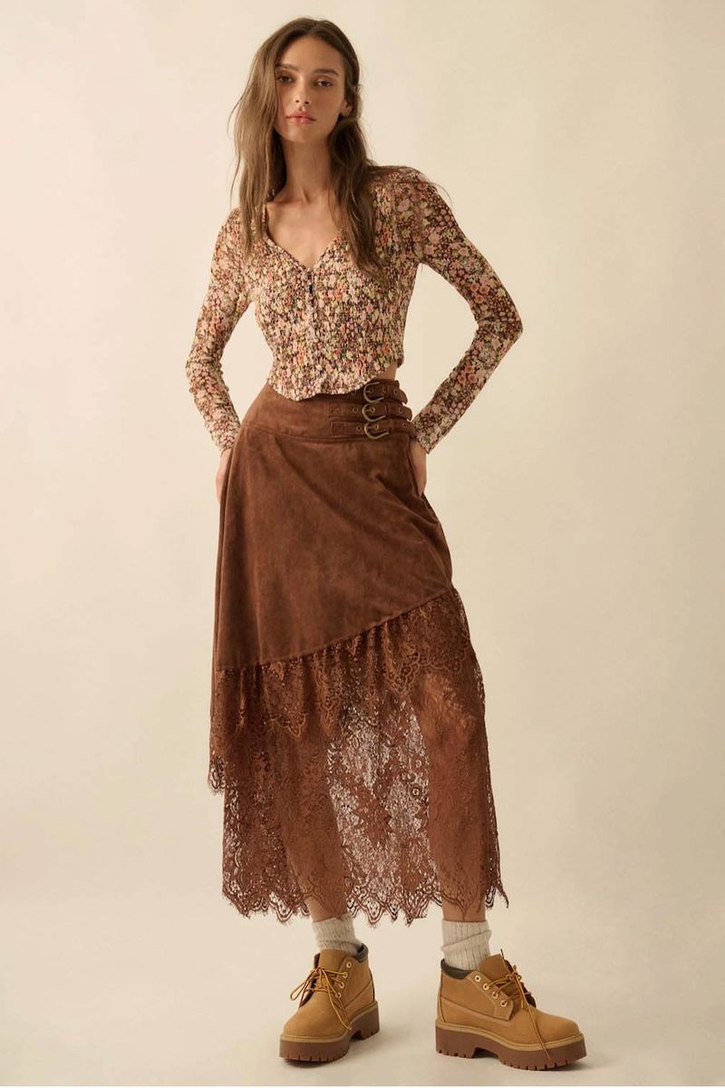 Julia Suede and Lace Buckled-Waist Maxi Skirt Clothing Promesa