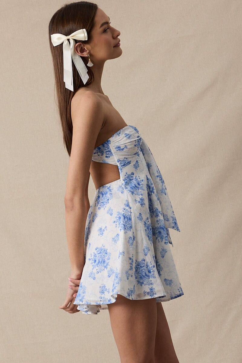 Loula Antique Floral Open Back Mini Dress Clothing Sky to Moon