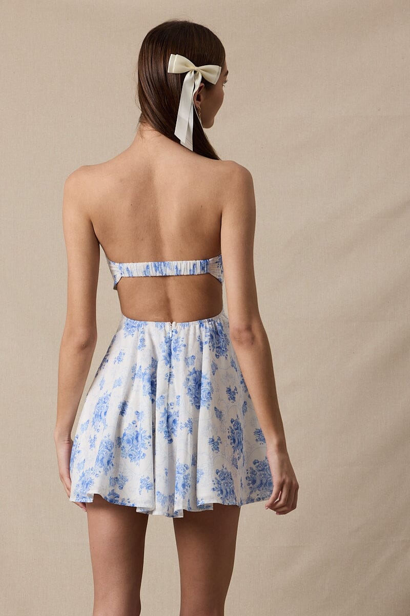 Loula Antique Floral Open Back Mini Dress Clothing Sky to Moon