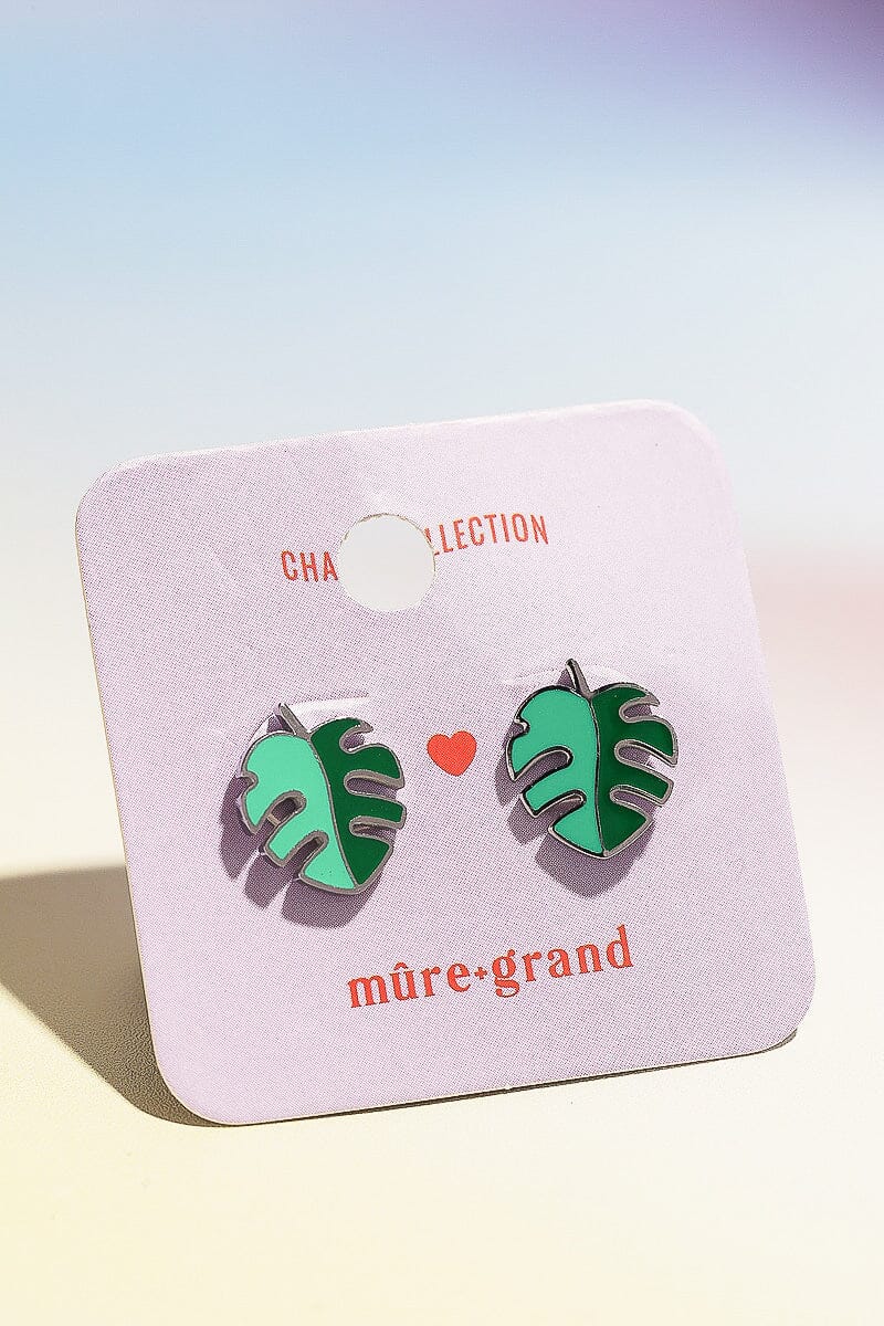 Monstera Leaf Enamel Charm Stud Earrings Earrings mure + grand