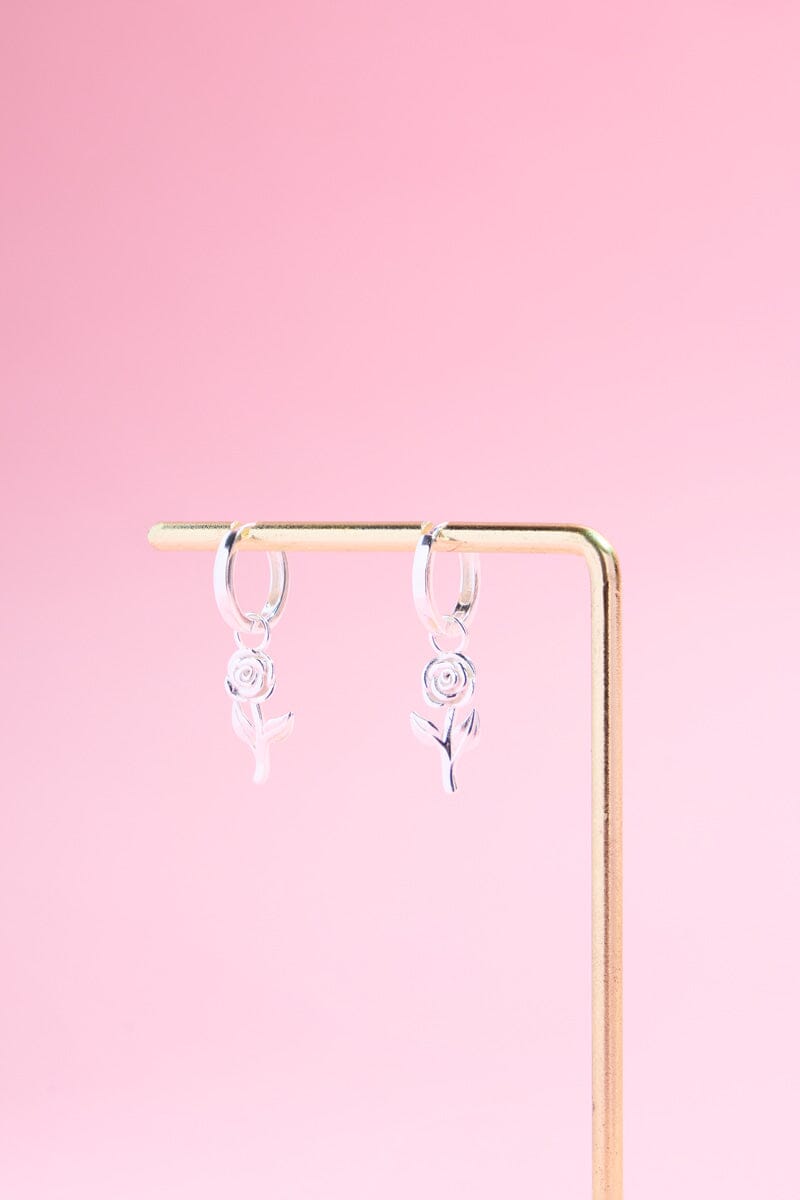Rose Flower Sterling Silver Charm Dangle Earrings Earrings mure + grand Silver