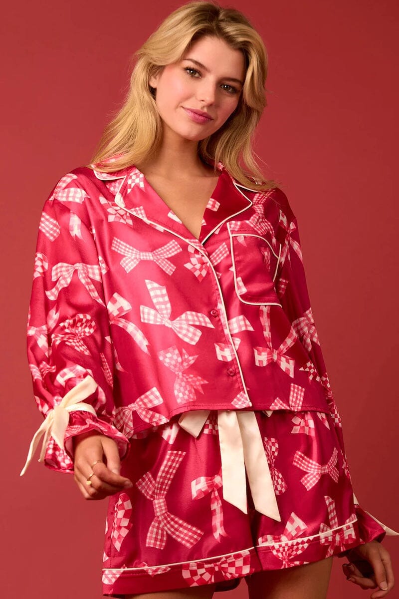 Satin Bow Prints Tied Cuffs Detail Pajama Set Pajamas Peach Love