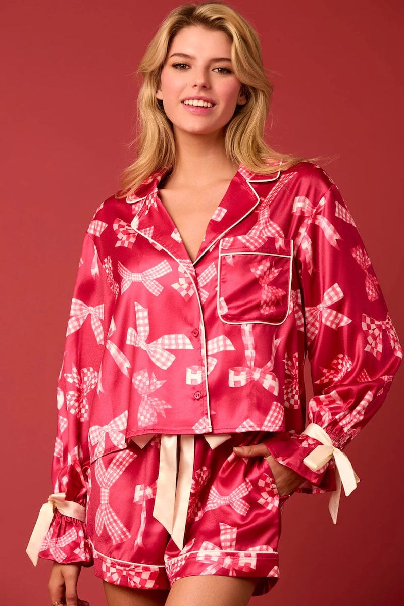 Satin Bow Prints Tied Cuffs Detail Pajama Set Pajamas Peach Love