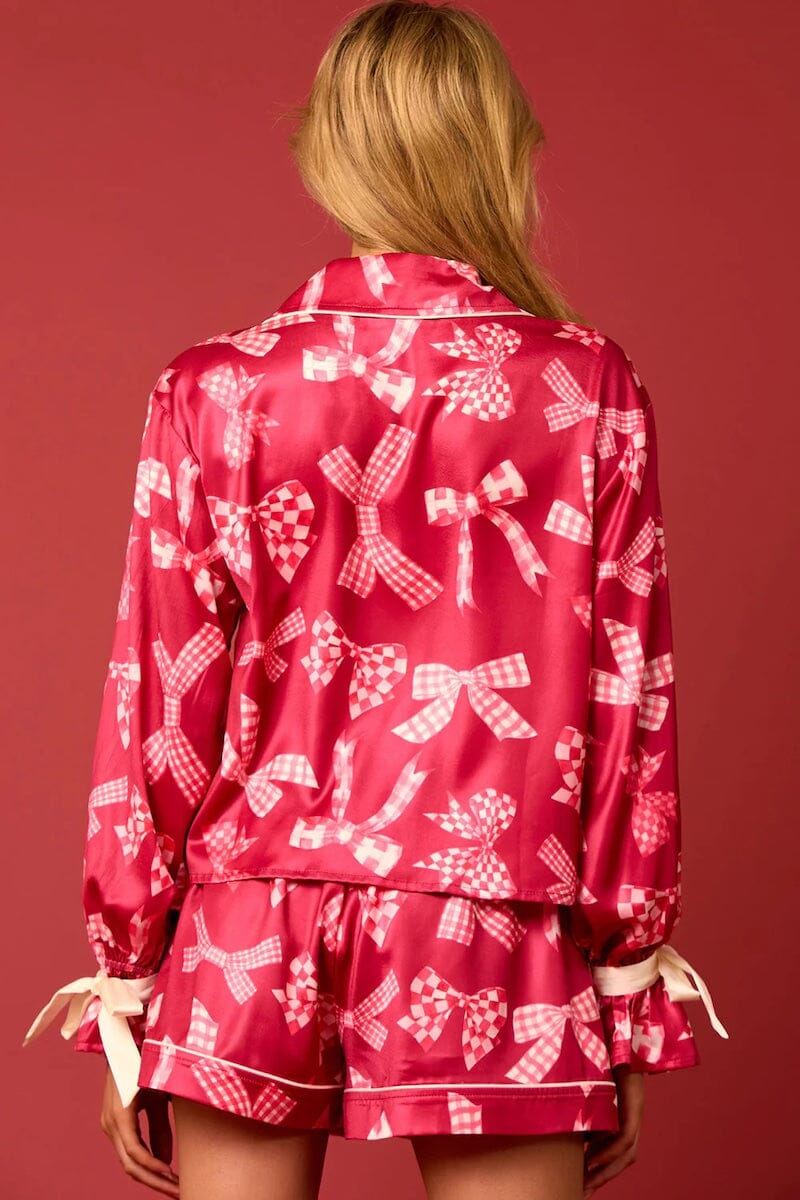Satin Bow Prints Tied Cuffs Detail Pajama Set Pajamas Peach Love