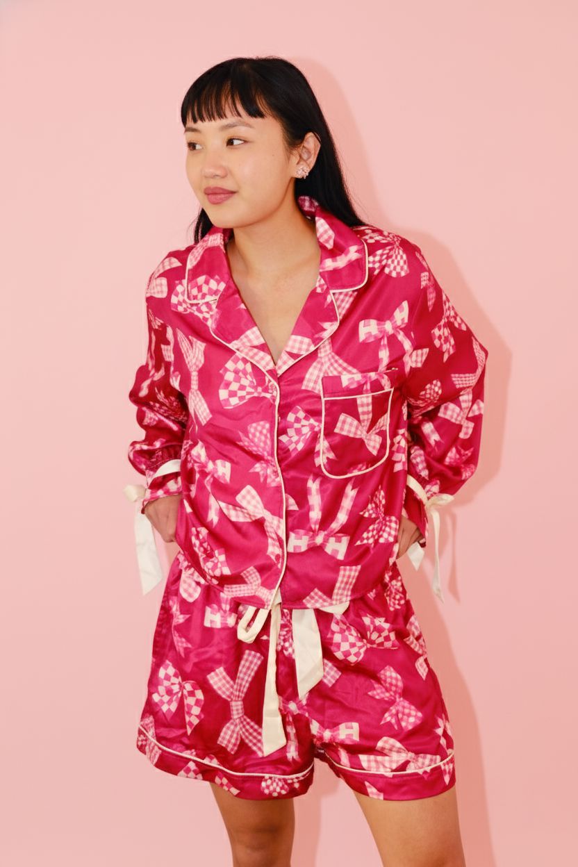 Satin Bow Prints Tied Cuffs Detail Pajama Set Pajamas Peach Love