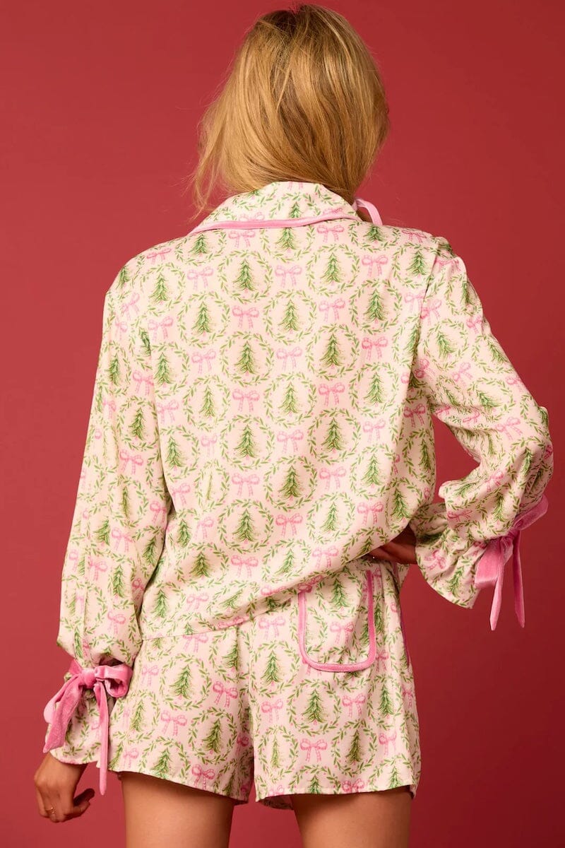 Satin Christmas Tree and Bow Prints Pajama Set Pajamas Peach Love