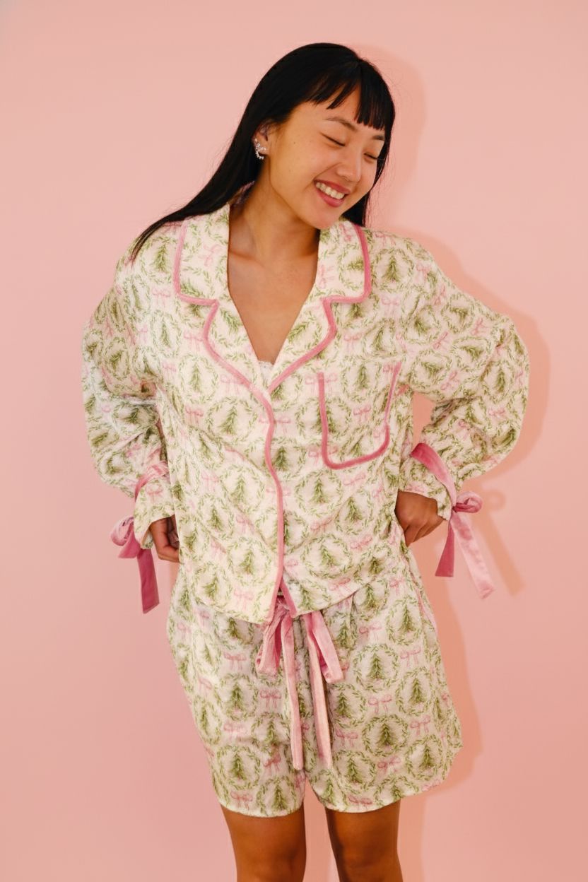 Satin Christmas Tree and Bow Prints Pajama Set Pajamas Peach Love