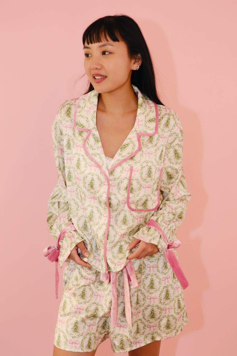 Satin Christmas Tree and Bow Prints Pajama Set Pajamas Peach Love