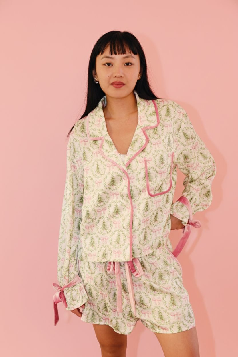 Satin Christmas Tree and Bow Prints Pajama Set Pajamas Peach Love S