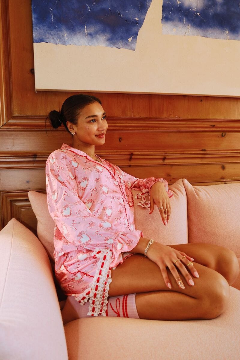 Satin Hearts Prints Pajama Set Pajamas Peach Love
