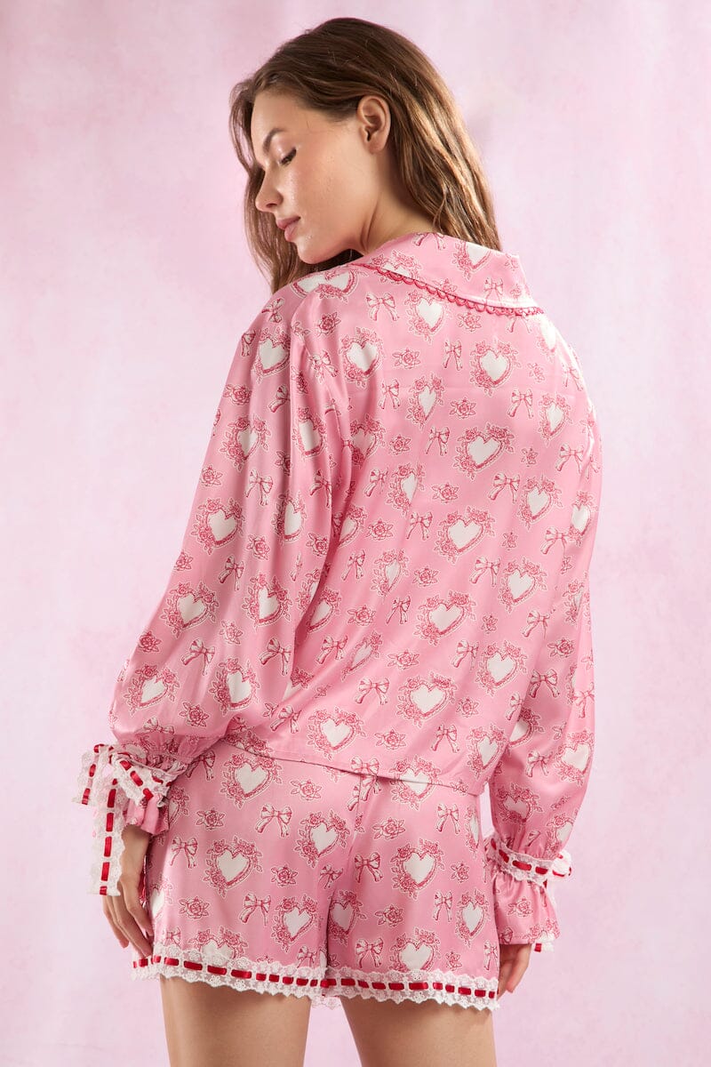 Satin Hearts Prints Pajama Set Pajamas Peach Love