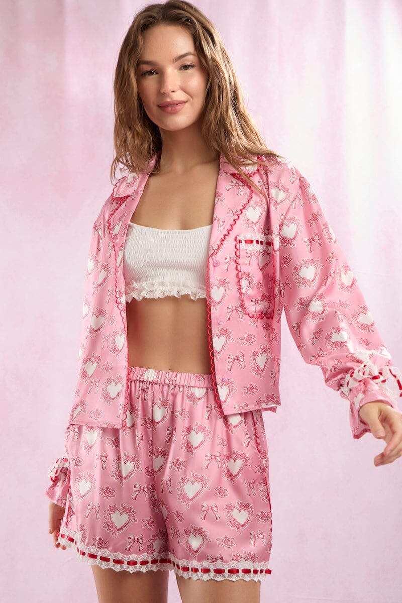 Satin Hearts Prints Pajama Set Pajamas Peach Love
