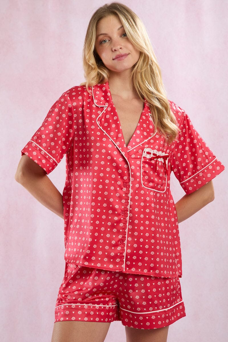 Satin Rose Prints Pajama Set Pajamas Peach Love
