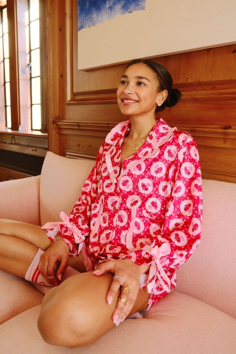 Satin Strawberry Love Prints Pajama Set Pajamas Peach Love