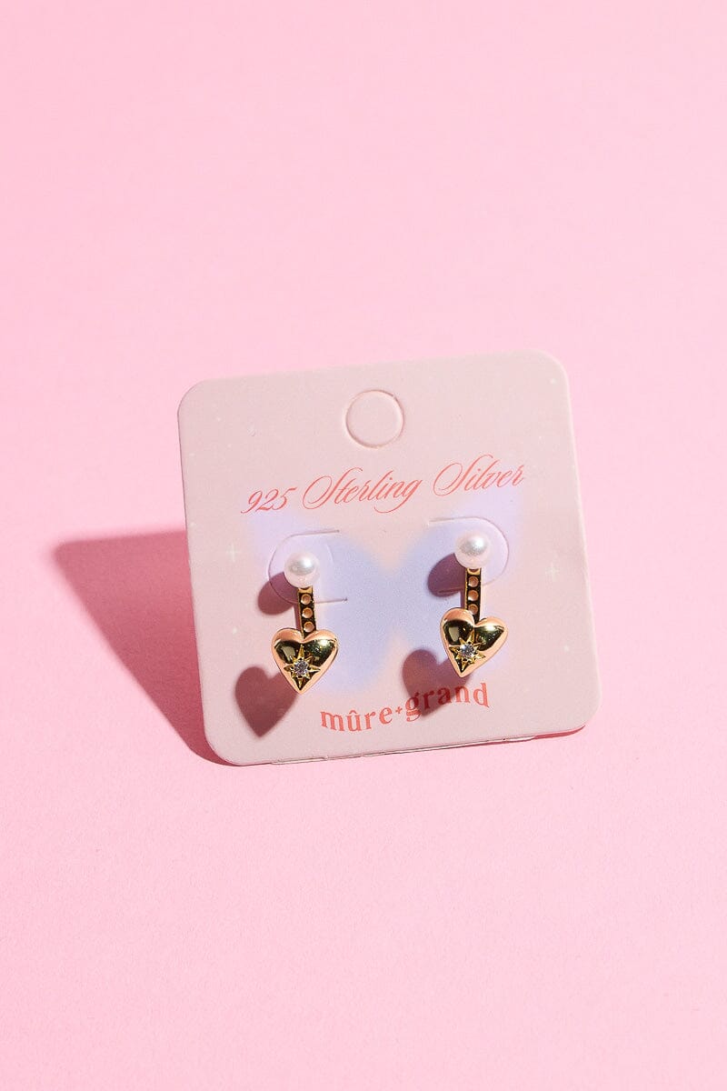Shinny Heart and Pearl Sterling Silver Stud Earring Earrings mure + grand Gold