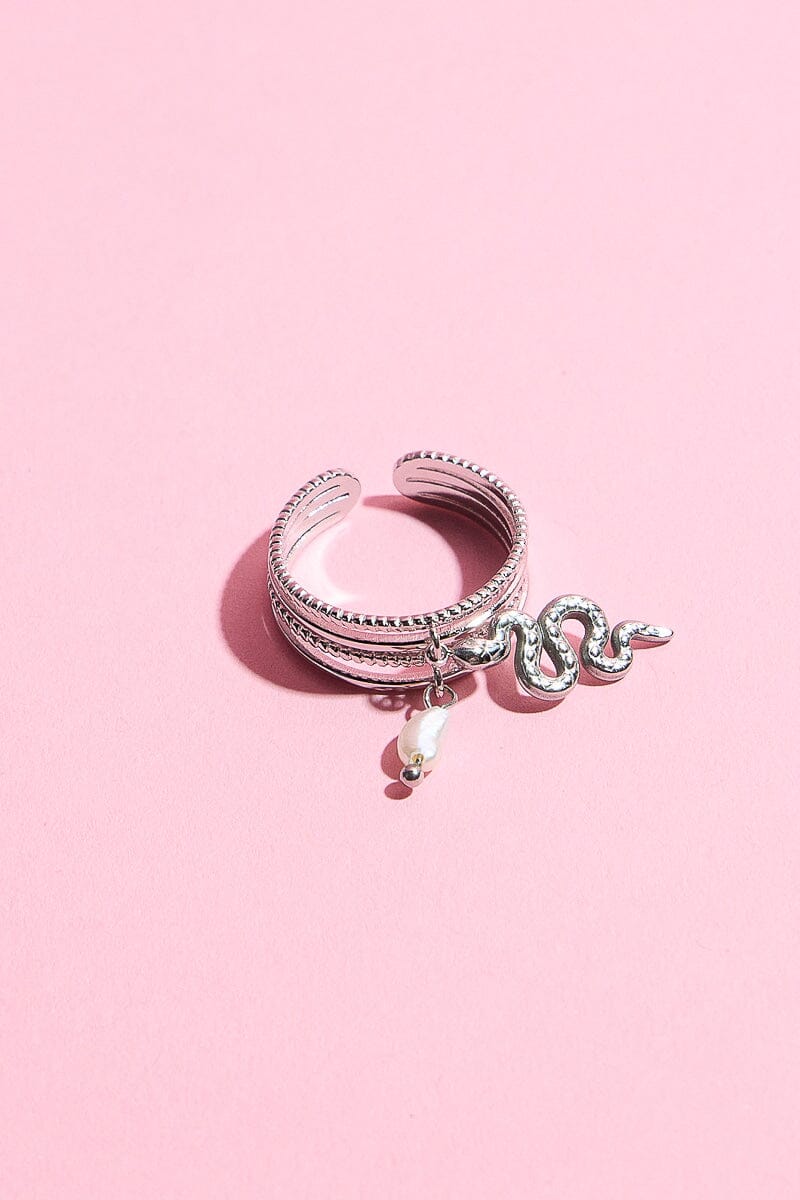 Snake Pearl Adjustable Stacking Ring Necklaces mure + grand Silver
