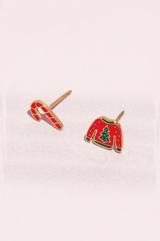 Ugly Sweater + Candy Cane Enamel Charm Stud Earrings Earrings Mure + Grand