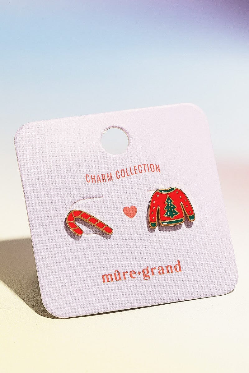 Ugly Sweater + Candy Cane Enamel Charm Stud Earrings Earrings Mure + Grand