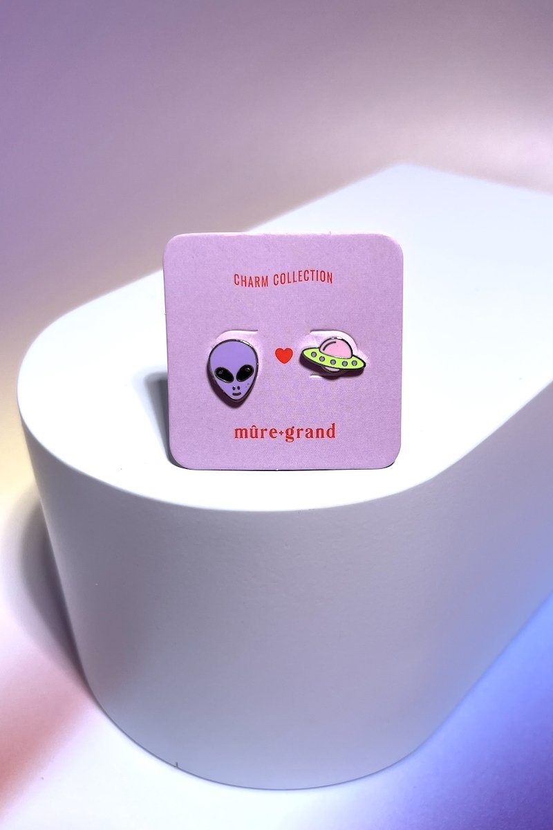Alien + UFO Enamel Charm Stud Earrings Earrings Mure + Grand Silver