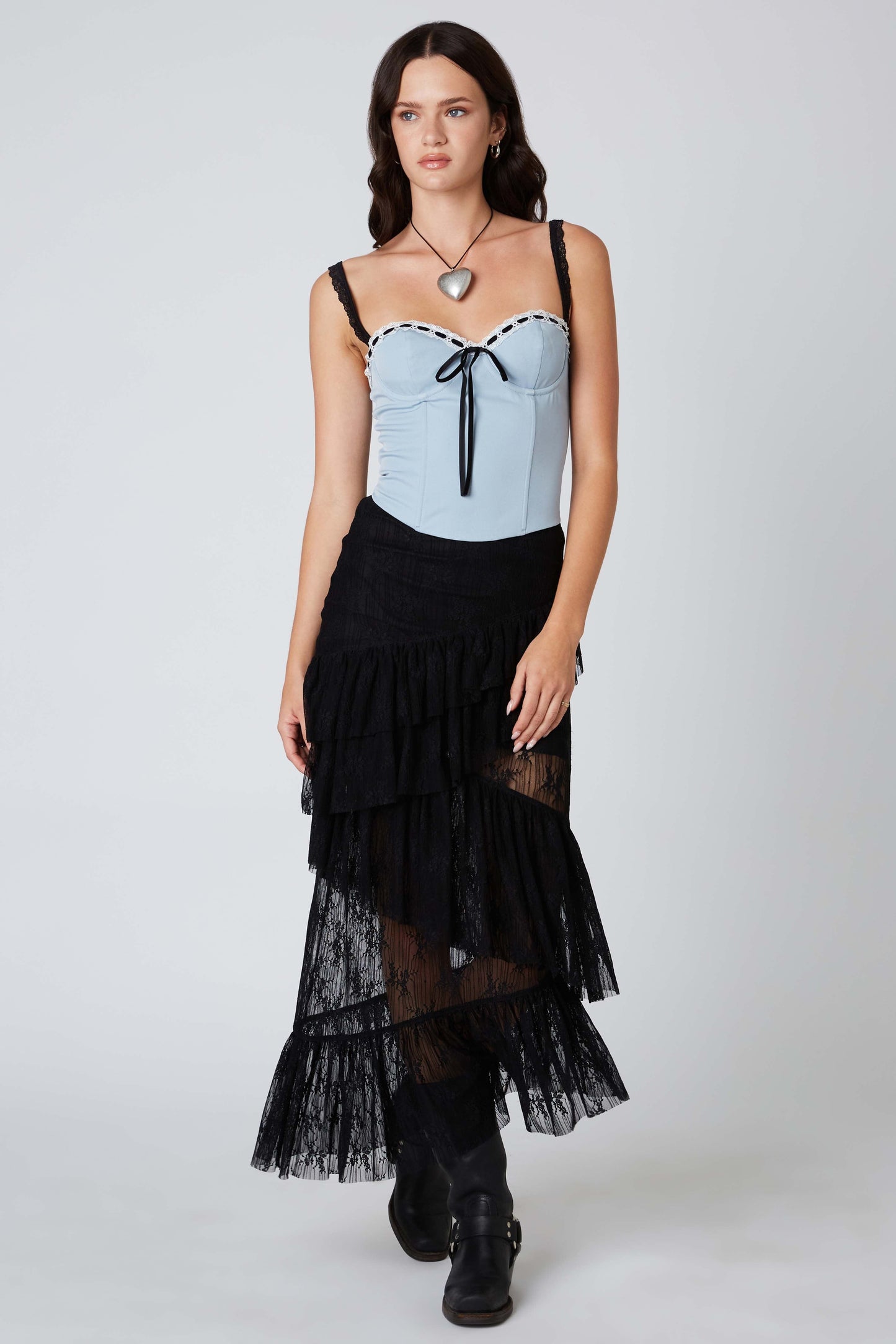 Black Lace Ruffle Midi Skirt Clothing Cotton Candy LA