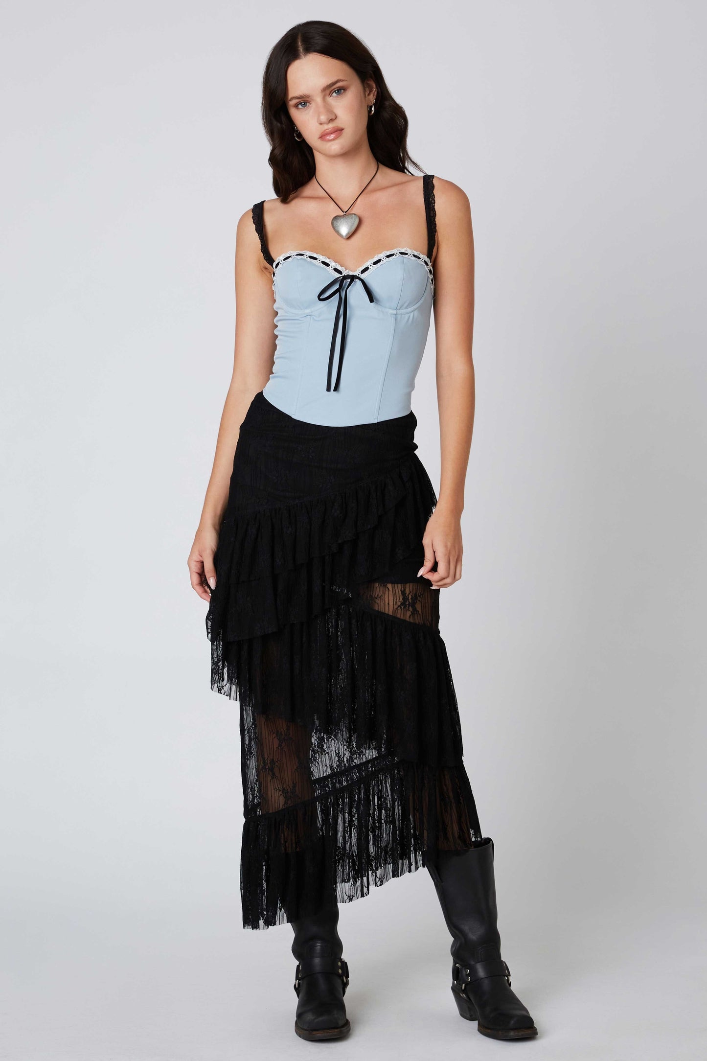Black Lace Ruffle Midi Skirt Clothing Cotton Candy LA