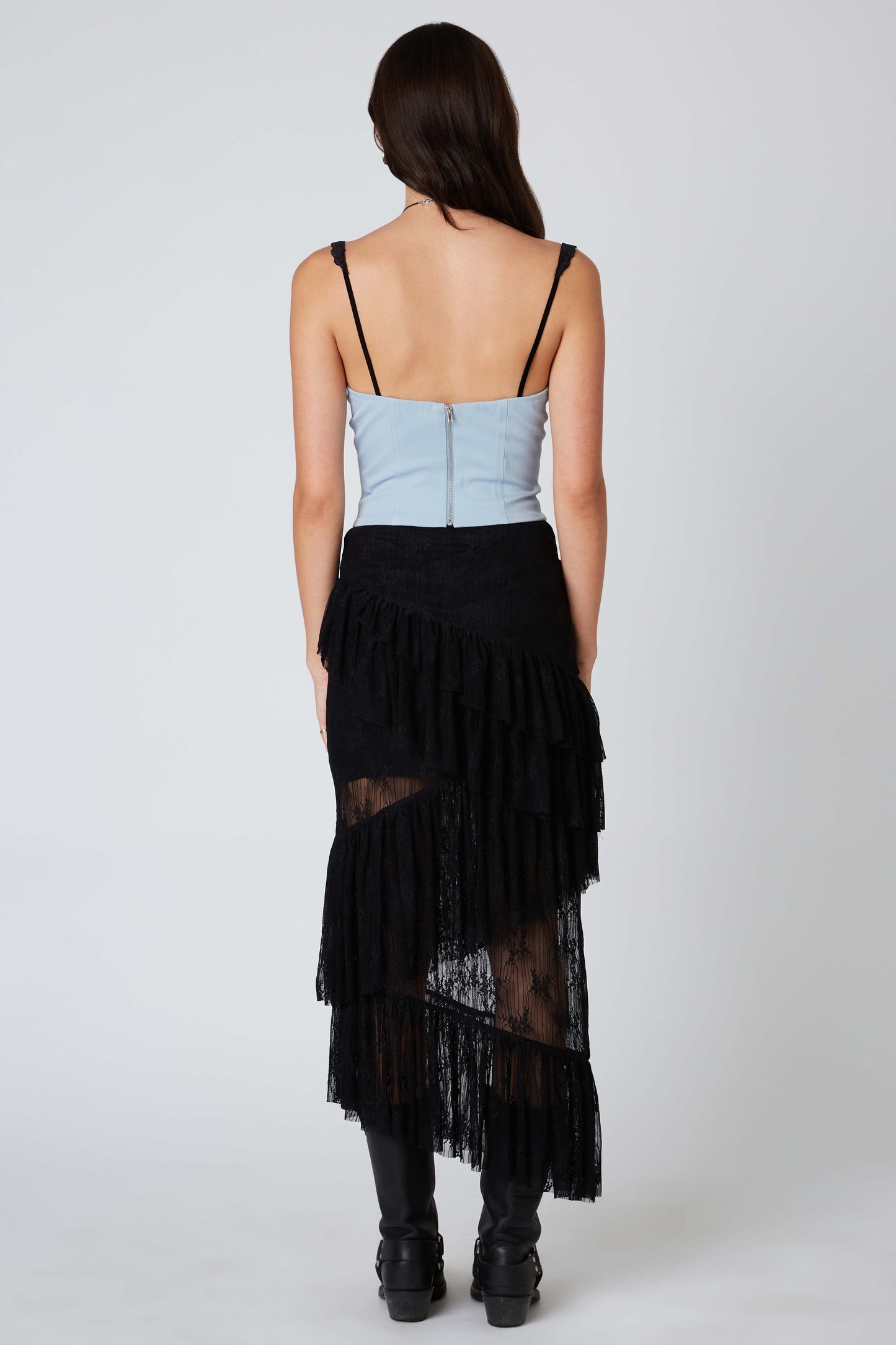 Black Lace Ruffle Midi Skirt Clothing Cotton Candy LA