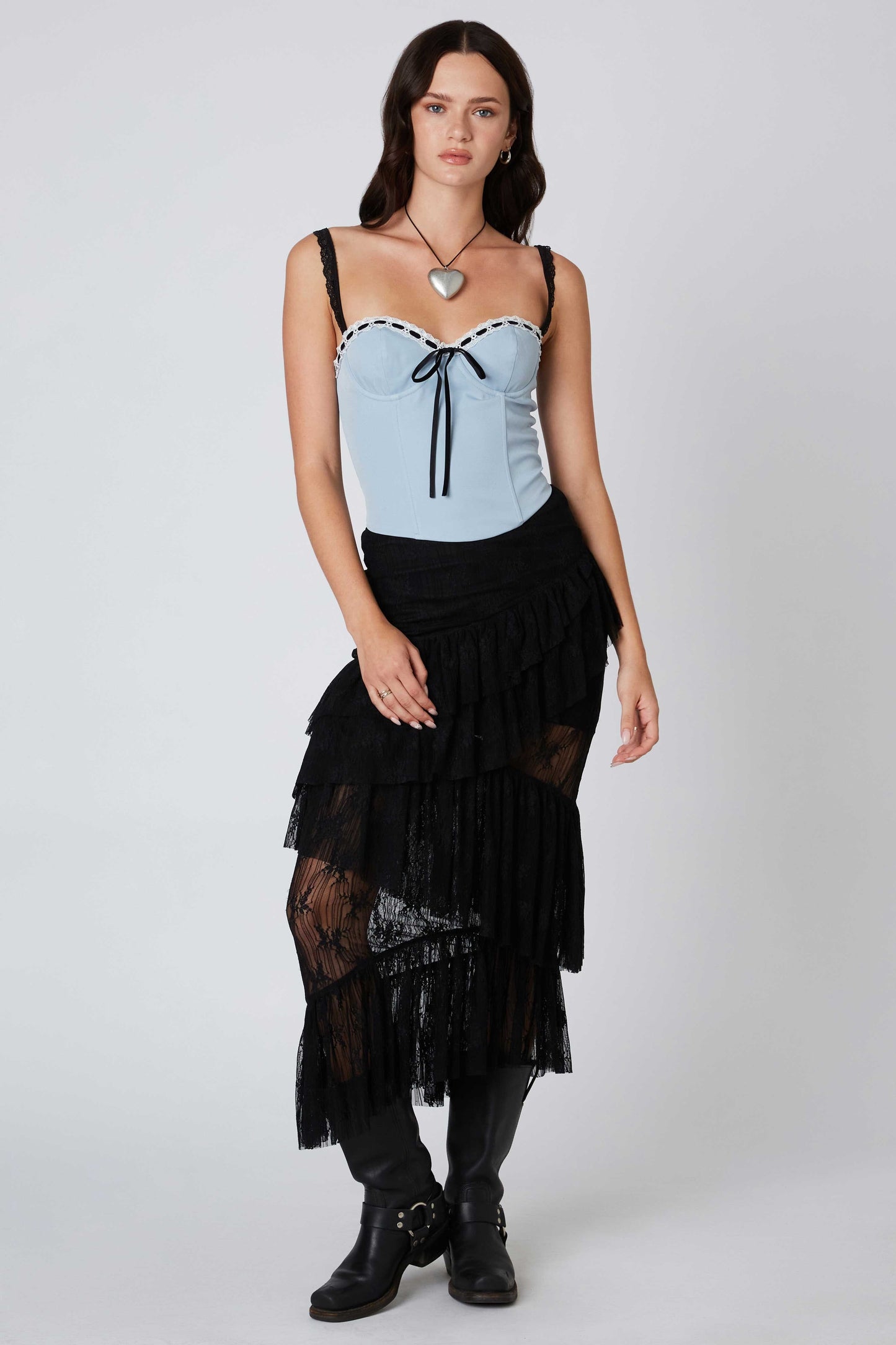 Black Lace Ruffle Midi Skirt Clothing Cotton Candy LA