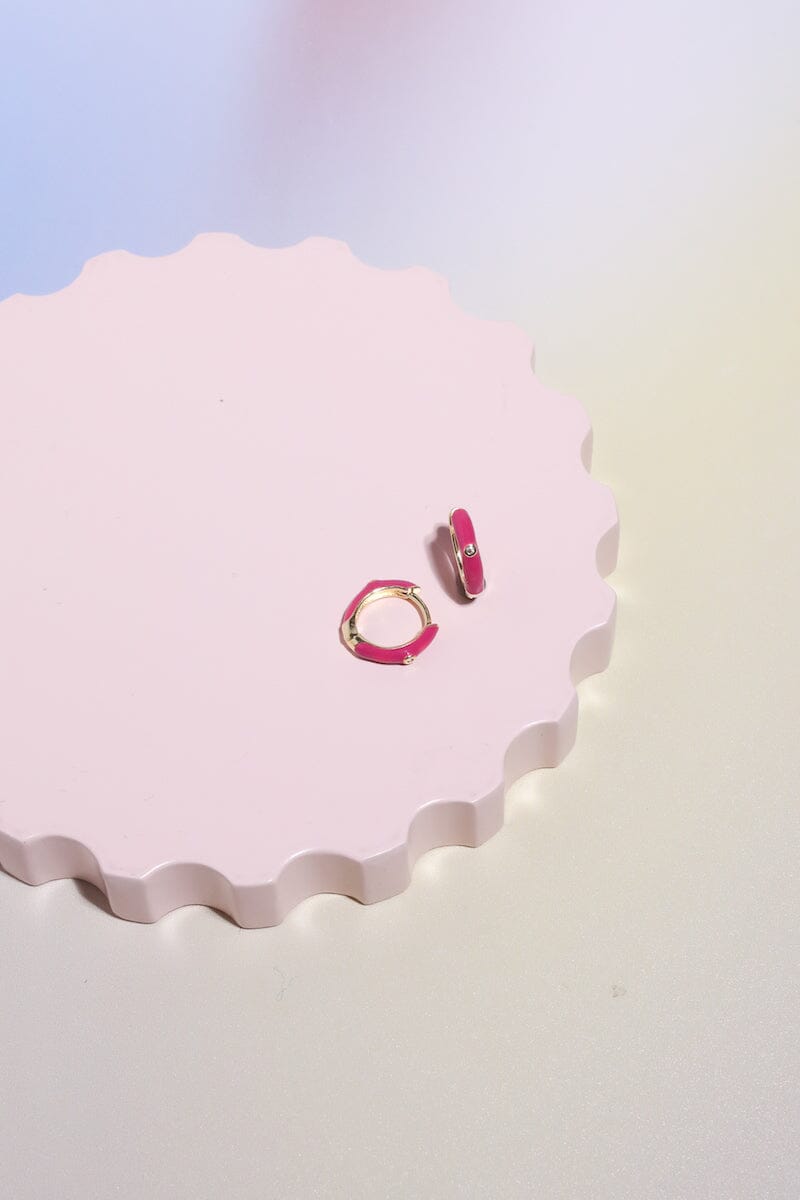 Crystal Enamel Sterling Silver Hoop Huggie Earrings Mure + Grand Magenta