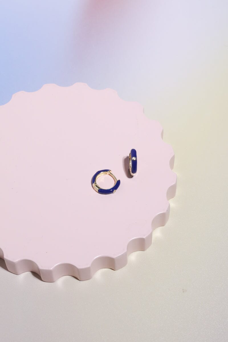 Crystal Enamel Sterling Silver Hoop Huggie Earrings Mure + Grand Royal Blue