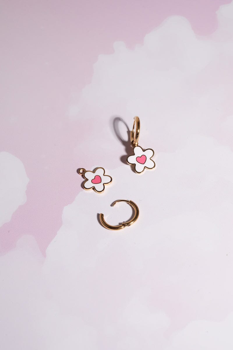 Daisy Enamel Huggie Charm Dangle Earrings Earrings Mure + Grand White
